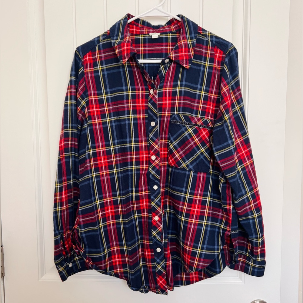 Aerie Top Womens Medium Red Blue Plaid Flannel Long Sleeve Button Up